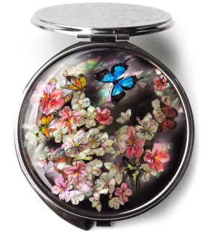MADDesign Mother of Pearl Makeup Compact Mirror Dual Folding Magnify Apricot Flower Butterfly