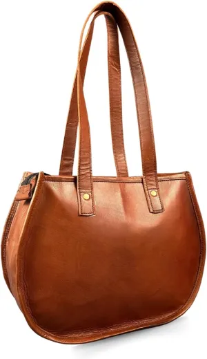 Madosh Genuine Leather Brown Tote Bag for Women – Handcrafted Shoulder Handbag with Back Zipper Pocket, Top Handles, Spacious Interior & Durable Brass Hardware for Everyday Use