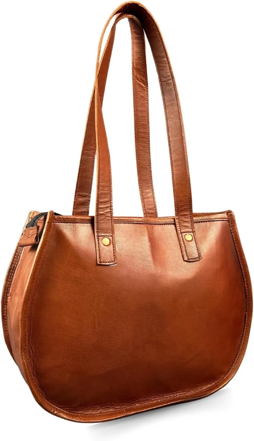 Madosh Genuine Leather Brown Tote Bag for Women – Handcrafted Shoulder Handbag with Back Zipper Pocket, Top Handles, Spacious Interior & Durable Brass Hardware for Everyday Use