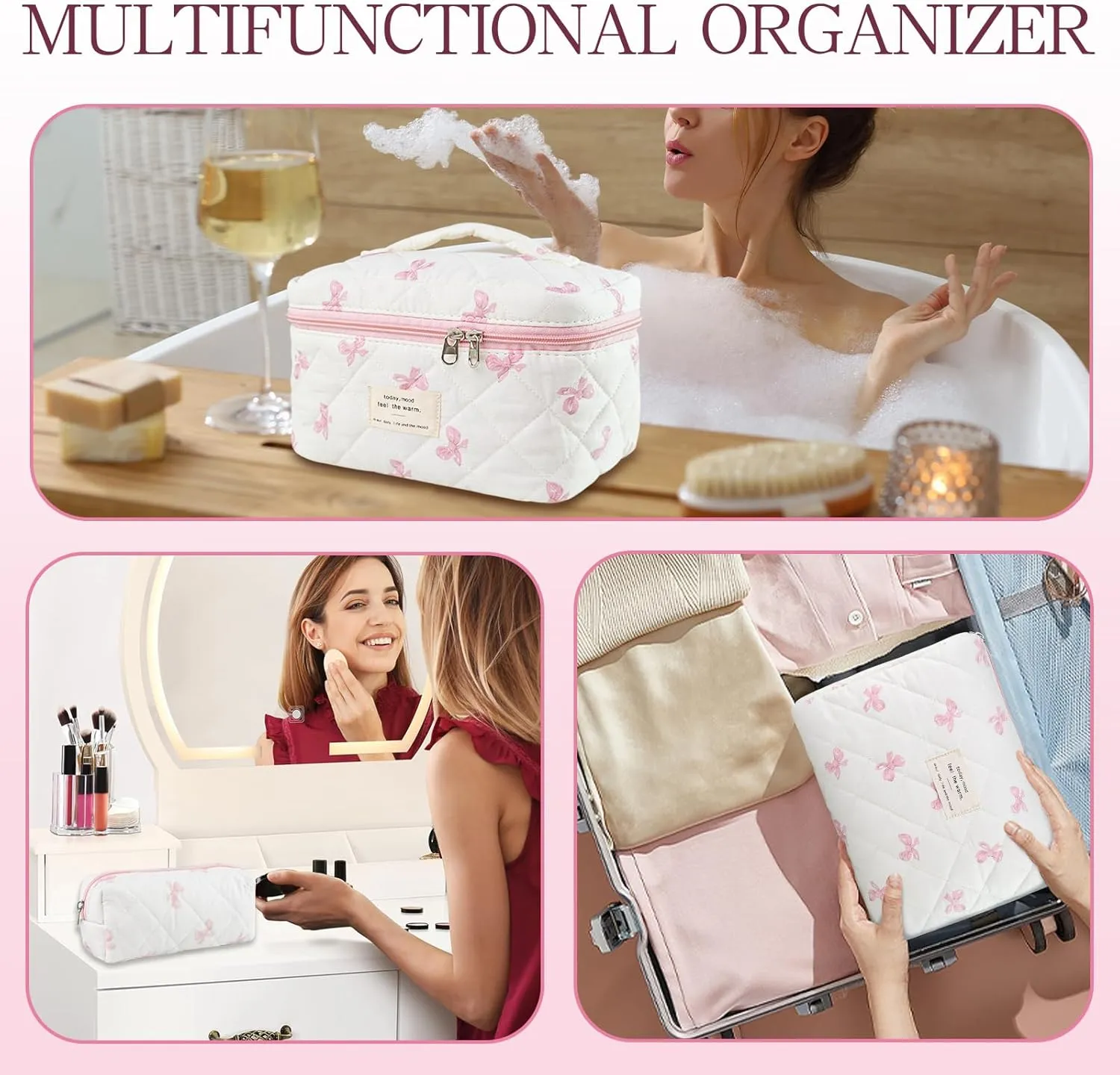 Makeup Bag, 3 PCS Quilted Makeup Bag, Cute Floral Cotton Cosmetic Bag set, Coquette Makeup Pouch Large Travel Toiletry Bag