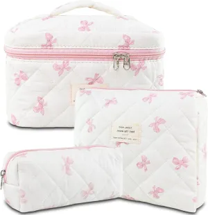 Makeup Bag, 3 PCS Quilted Makeup Bag, Cute Floral Cotton Cosmetic Bag set, Coquette Makeup Pouch Large Travel Toiletry Bag