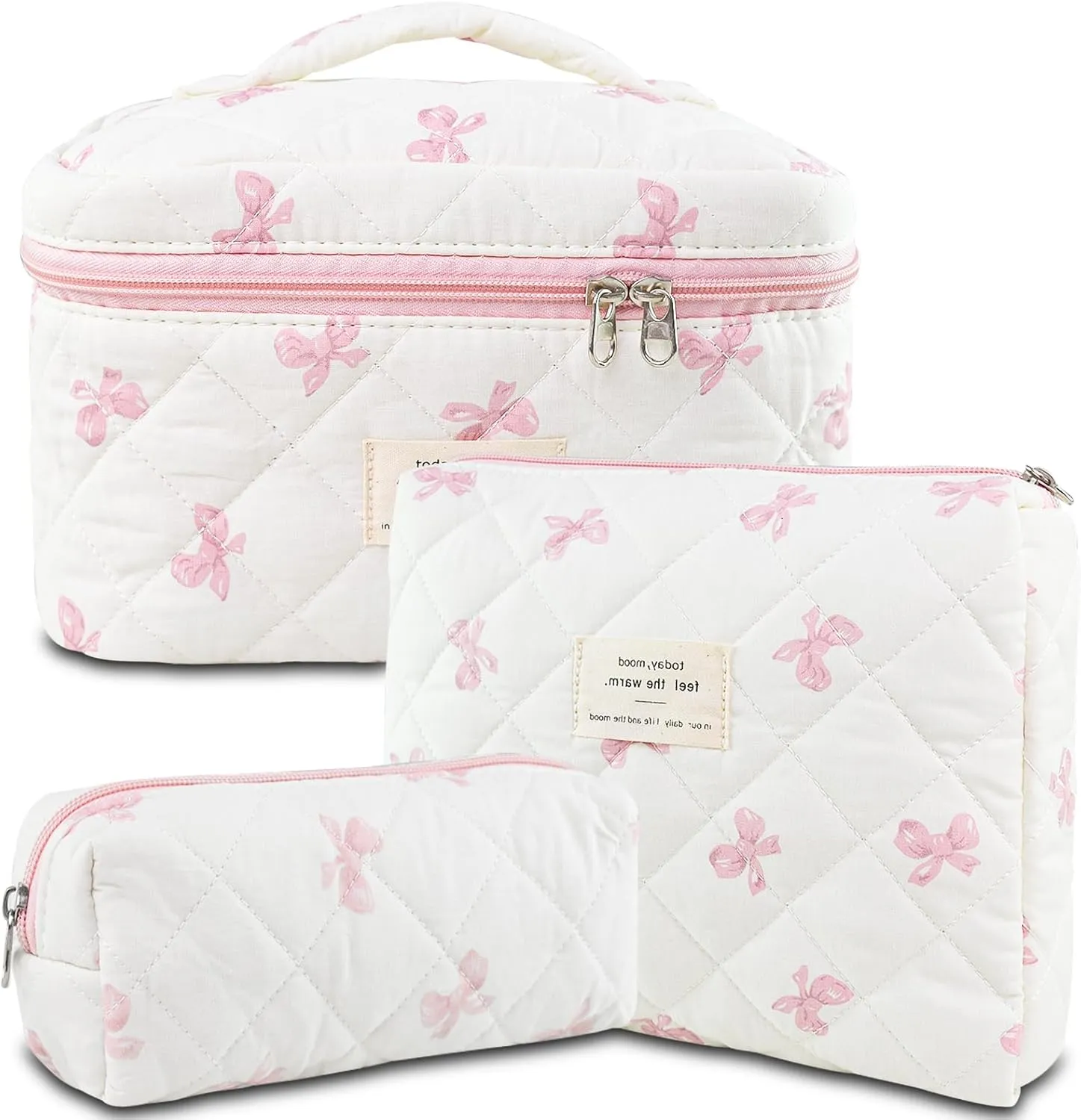 Makeup Bag, 3 PCS Quilted Makeup Bag, Cute Floral Cotton Cosmetic Bag set, Coquette Makeup Pouch Large Travel Toiletry Bag