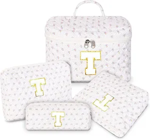 Makeup Bag, 4 Pcs Quilted Makeup Organizer Personalized Initial Gifts for Women Floral Make up Bag Cosmetic Bags Set Travel Toiletry Bag for Girlfriend Teen Girl Gifts Travel Essentials (White T)