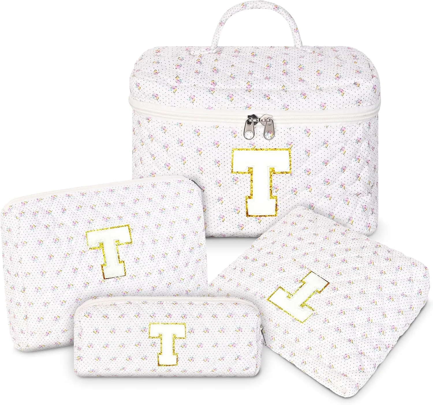 Makeup Bag, 4 Pcs Quilted Makeup Organizer Personalized Initial Gifts for Women Floral Make up Bag Cosmetic Bags Set Travel Toiletry Bag for Girlfriend Teen Girl Gifts Travel Essentials (White T)