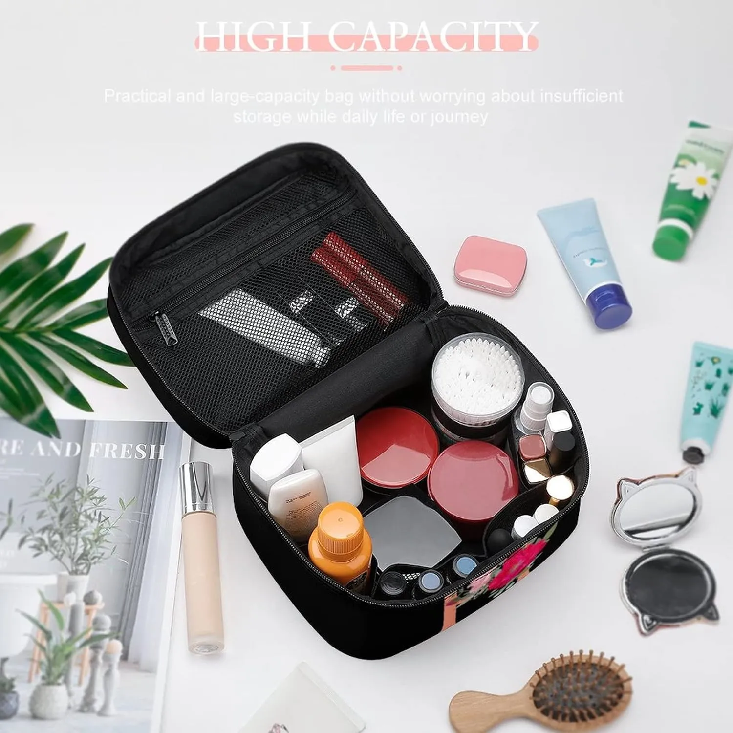 Makeup Bag Cosmetic Bag, Letter H Red Flower H Floral Makeup Bag Portable PU Leather Makeup Travel Organizer Toiletry Bag with Handle for Women