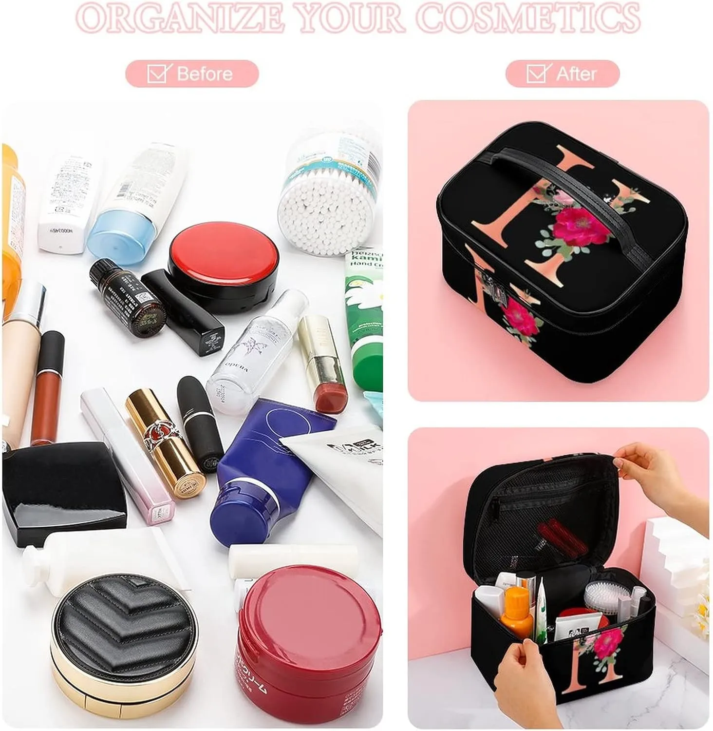 Makeup Bag Cosmetic Bag, Letter H Red Flower H Floral Makeup Bag Portable PU Leather Makeup Travel Organizer Toiletry Bag with Handle for Women