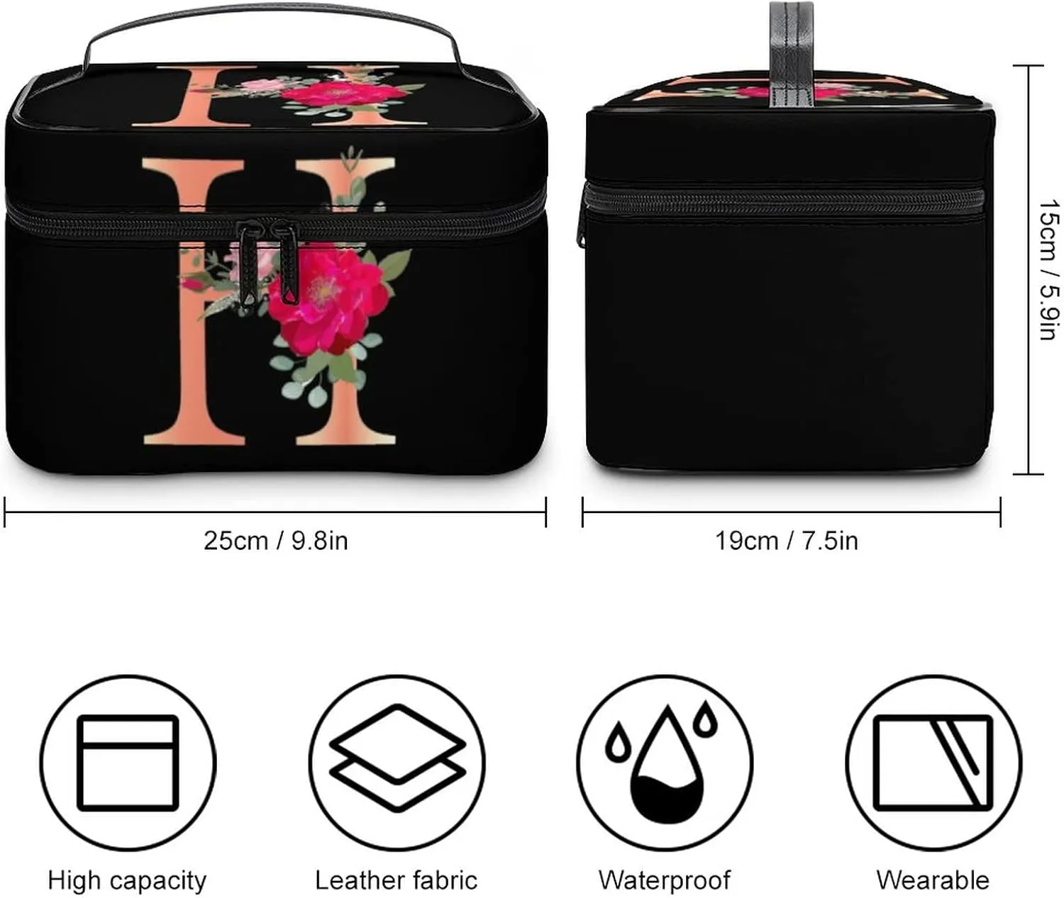 Makeup Bag Cosmetic Bag, Letter H Red Flower H Floral Makeup Bag Portable PU Leather Makeup Travel Organizer Toiletry Bag with Handle for Women