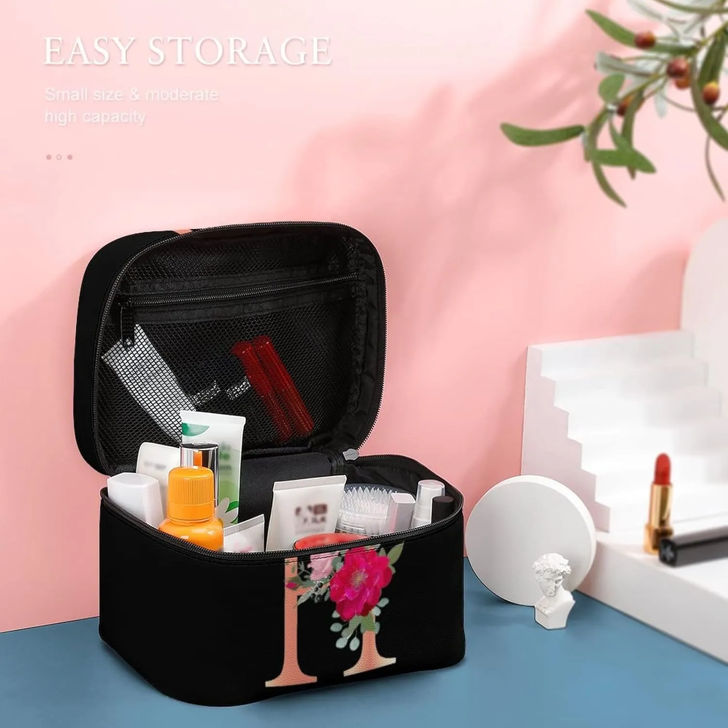 Makeup Bag Cosmetic Bag, Letter H Red Flower H Floral Makeup Bag Portable PU Leather Makeup Travel Organizer Toiletry Bag with Handle for Women