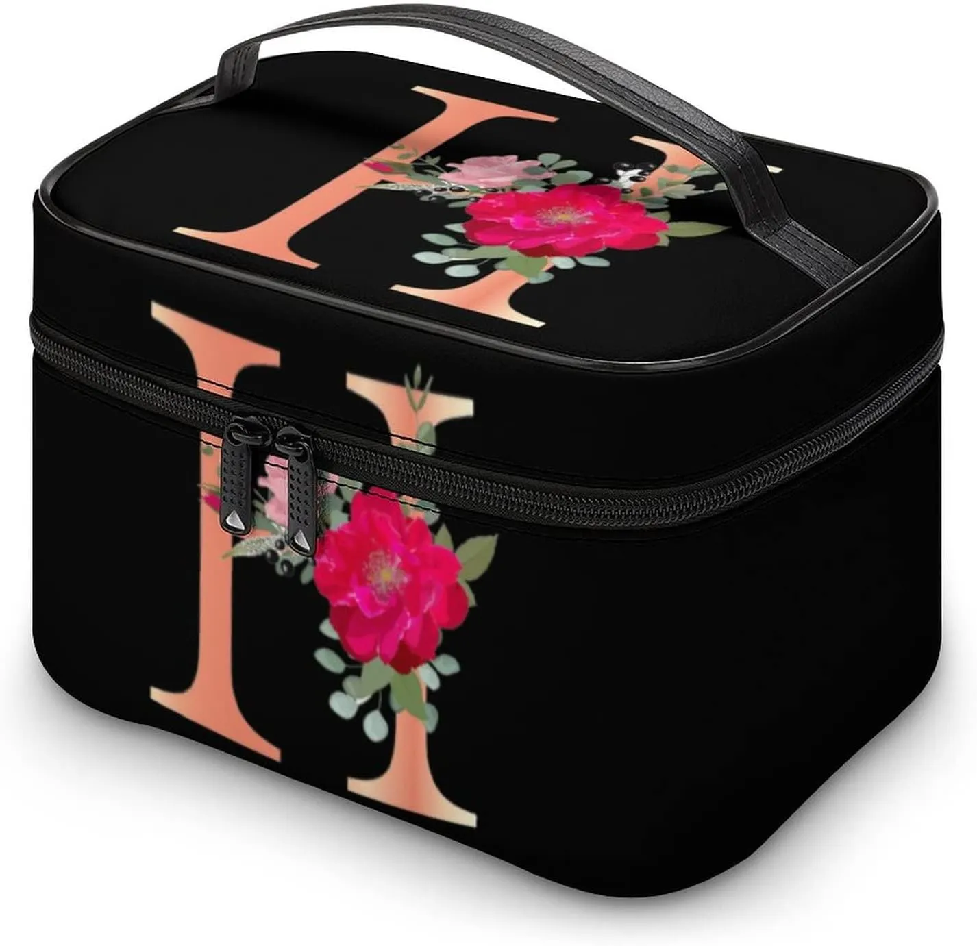 Makeup Bag Cosmetic Bag, Letter H Red Flower H Floral Makeup Bag Portable PU Leather Makeup Travel Organizer Toiletry Bag with Handle for Women