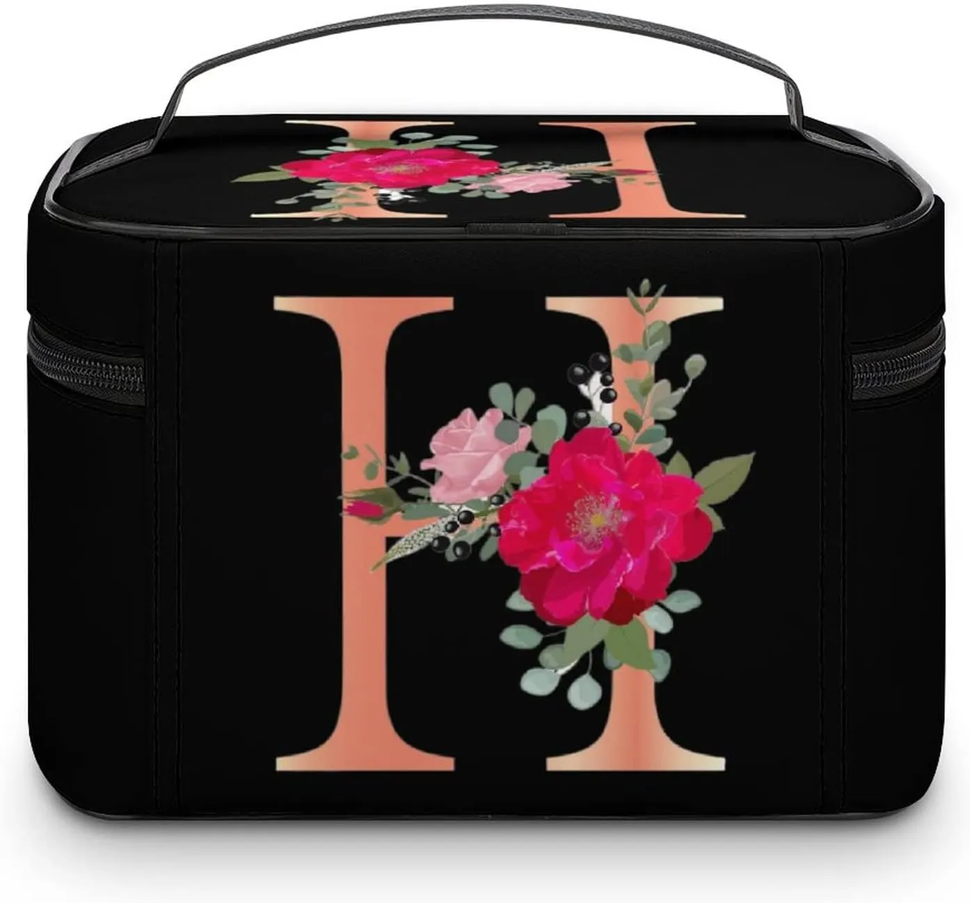 Makeup Bag Cosmetic Bag, Letter H Red Flower H Floral Makeup Bag Portable PU Leather Makeup Travel Organizer Toiletry Bag with Handle for Women