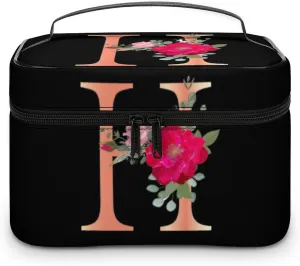 Makeup Bag Cosmetic Bag, Letter H Red Flower H Floral Makeup Bag Portable PU Leather Makeup Travel Organizer Toiletry Bag with Handle for Women