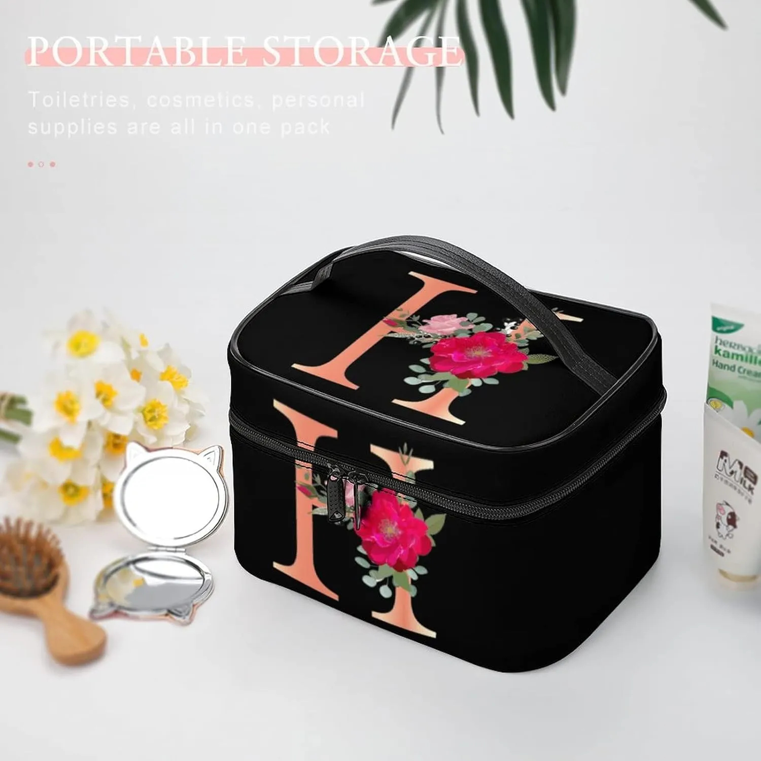 Makeup Bag Cosmetic Bag, Letter H Red Flower H Floral Makeup Bag Portable PU Leather Makeup Travel Organizer Toiletry Bag with Handle for Women