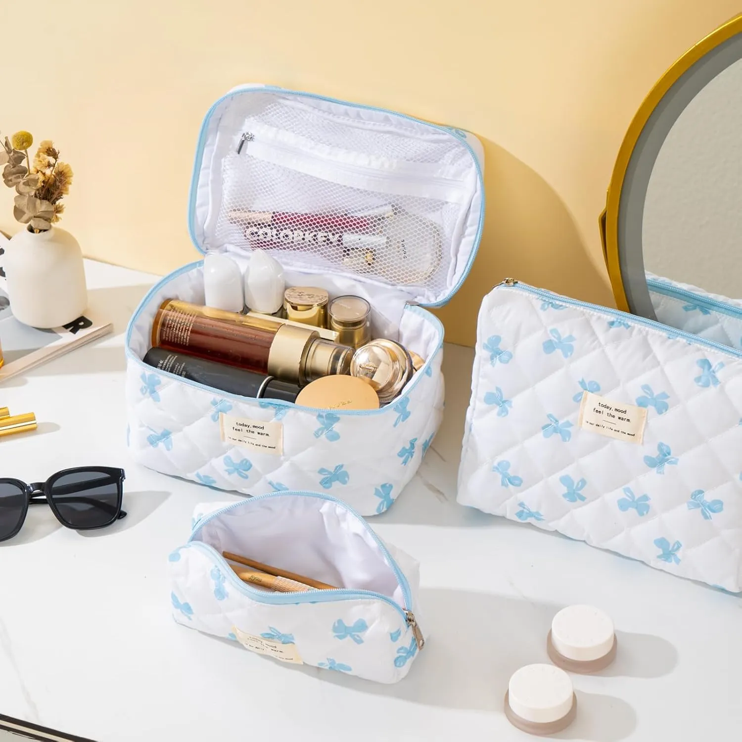 Makeup Bag for Women 3PCS Quilted Cotton Make Up Bag Travel Cosmetic Bag Large Makeup Bag Set Cute Blue Bow Makeups Organizer Floral Toiletry Pouch for Purse