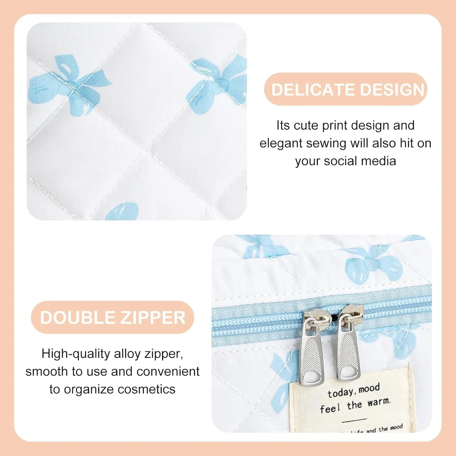 Makeup Bag for Women 3PCS Quilted Cotton Make Up Bag Travel Cosmetic Bag Large Makeup Bag Set Cute Blue Bow Makeups Organizer Floral Toiletry Pouch for Purse