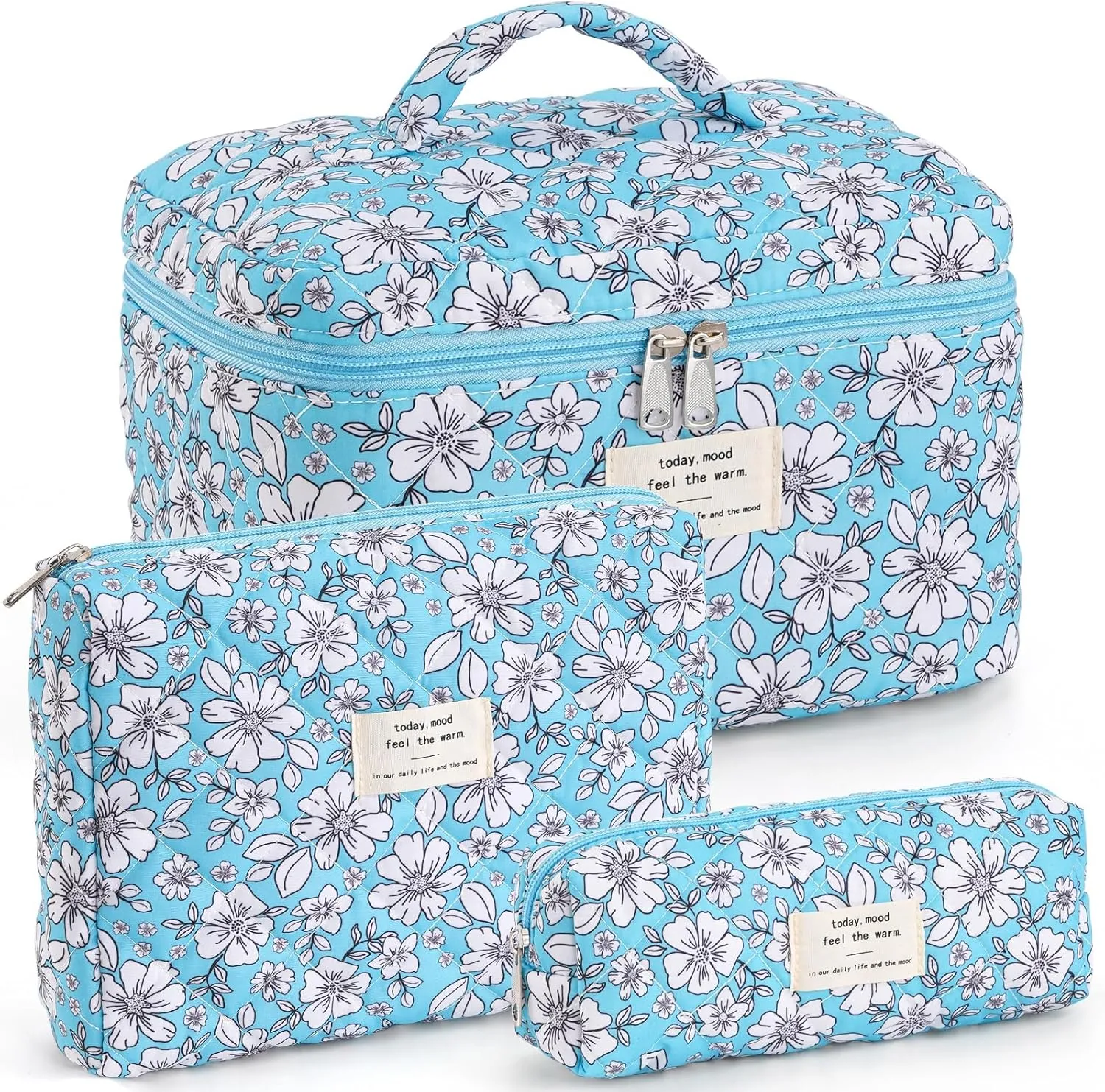 Makeup Bag for Women 3PCS Quilted Cotton Make Up Bag Travel Cosmetic Bag Large Makeup Bag Set Cute Makeups Organizer Floral Toiletry Pouch for Purse, Blue and White