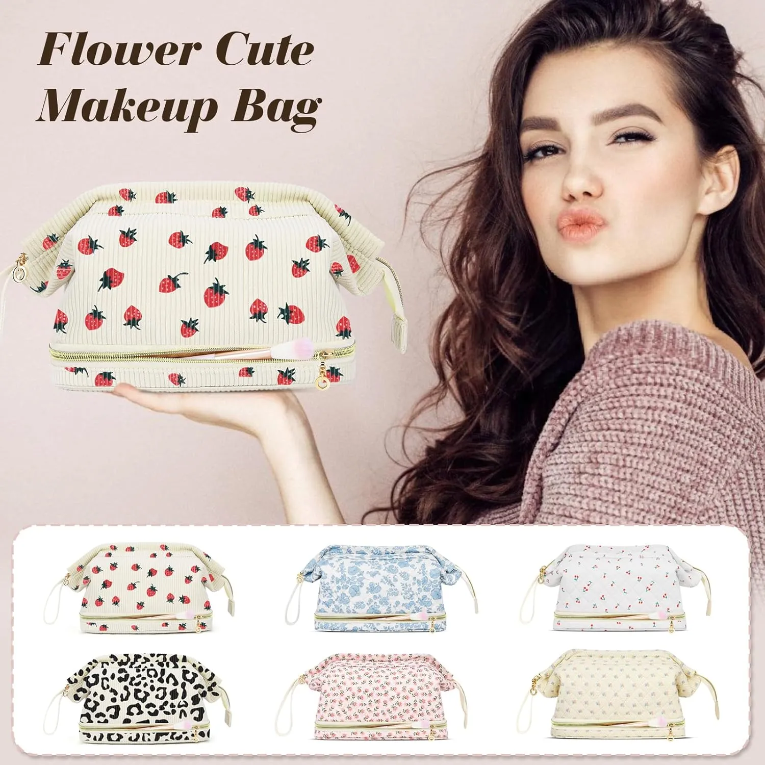 Makeup Bag for Women, Large Make Up Bag Corduroy Cosmetic Bag for Girls, Make up Travel Bag Essentials, Leopard Cute Toiletry Bag for Women Travel Size Toiletries Bag