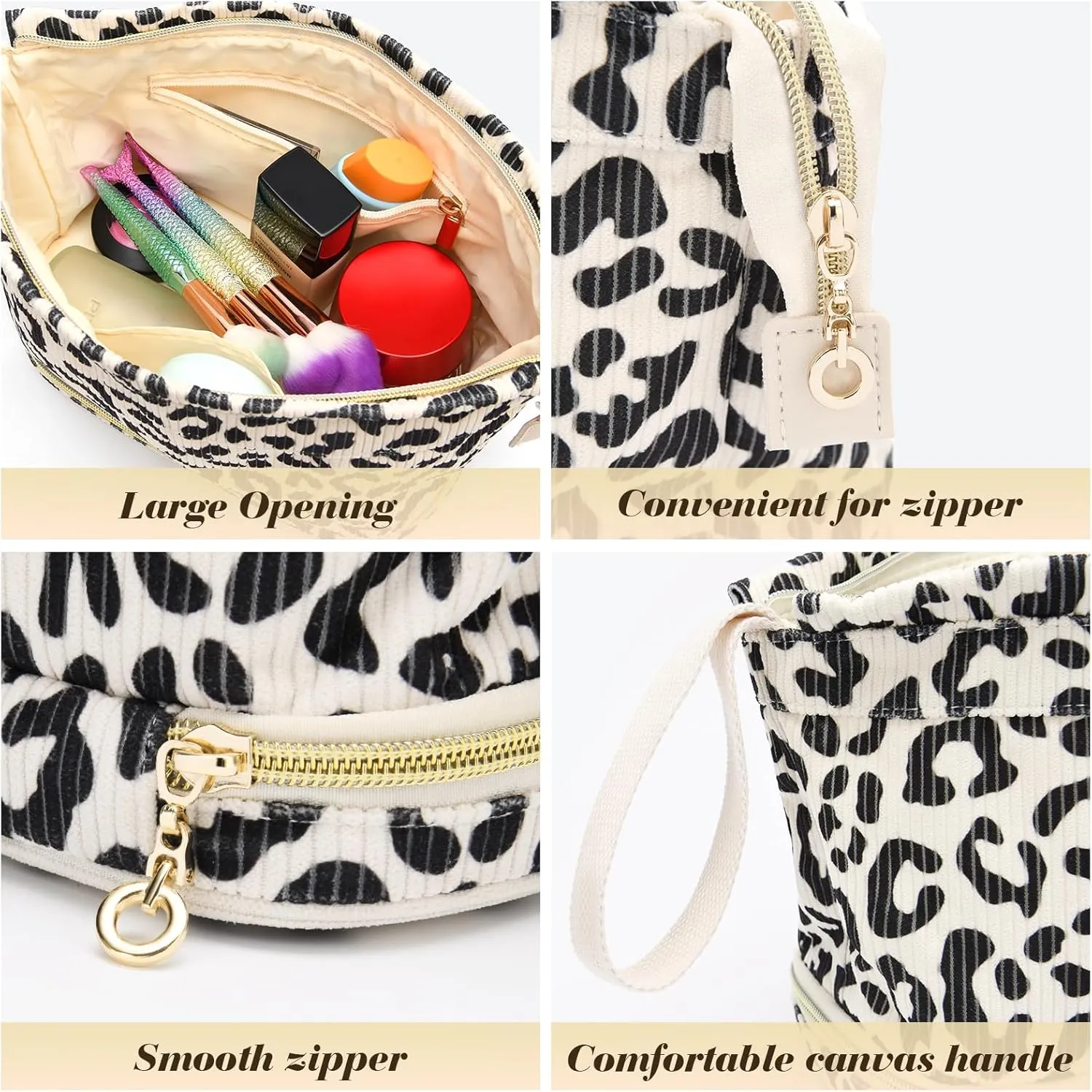 Makeup Bag for Women, Large Make Up Bag Corduroy Cosmetic Bag for Girls, Make up Travel Bag Essentials, Leopard Cute Toiletry Bag for Women Travel Size Toiletries Bag