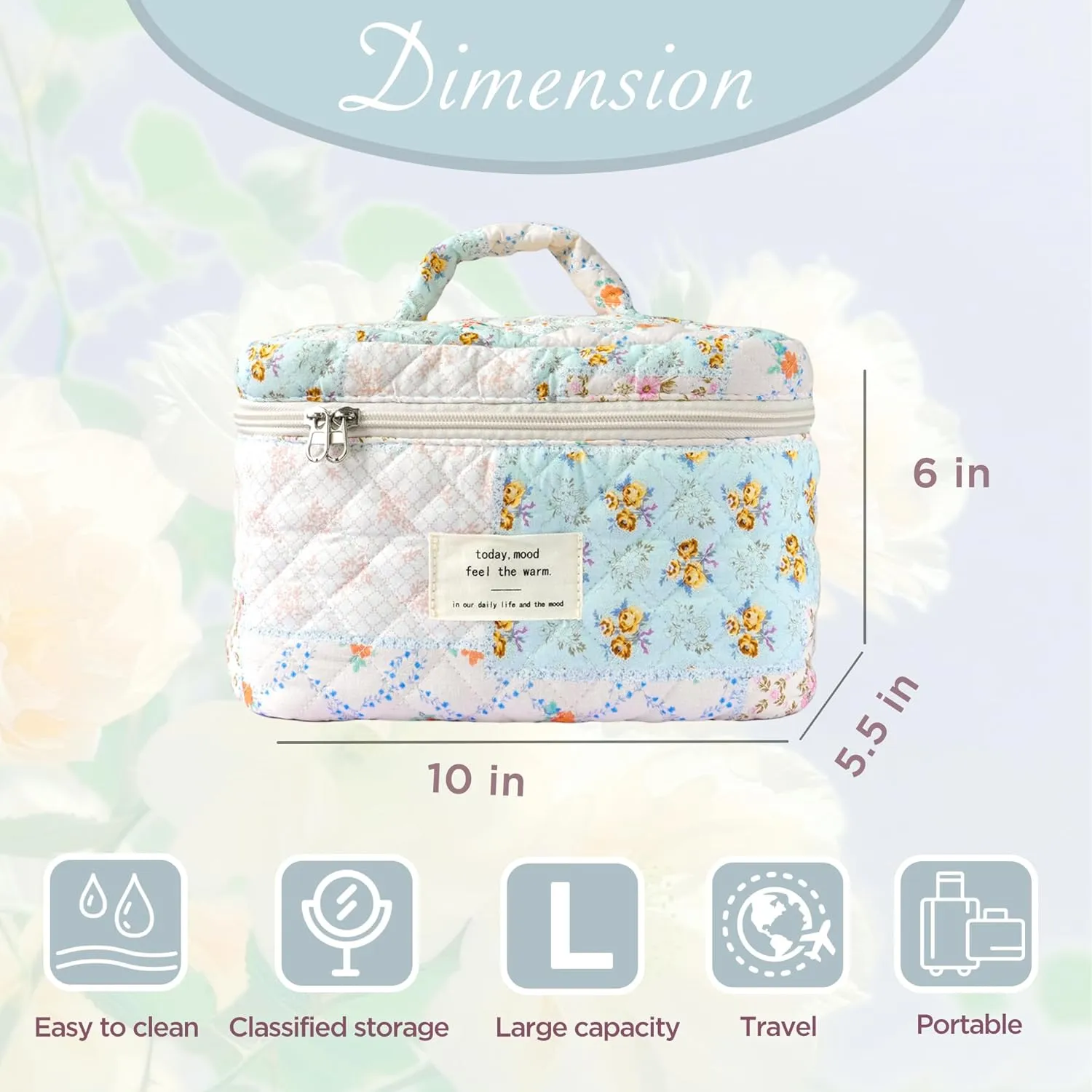 Makeup Bag Large Travel Quilted Cosmetic Makeup Bag Organizer, Floral Cotton Coquette Aesthetic Toiletry Bag for Women Girls (Blue Floral Collage-L)