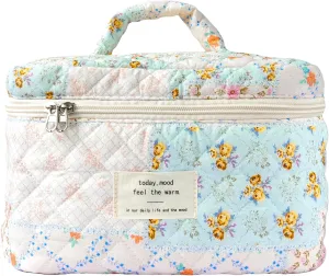 Makeup Bag Large Travel Quilted Cosmetic Makeup Bag Organizer, Floral Cotton Coquette Aesthetic Toiletry Bag for Women Girls (Blue Floral Collage-L)