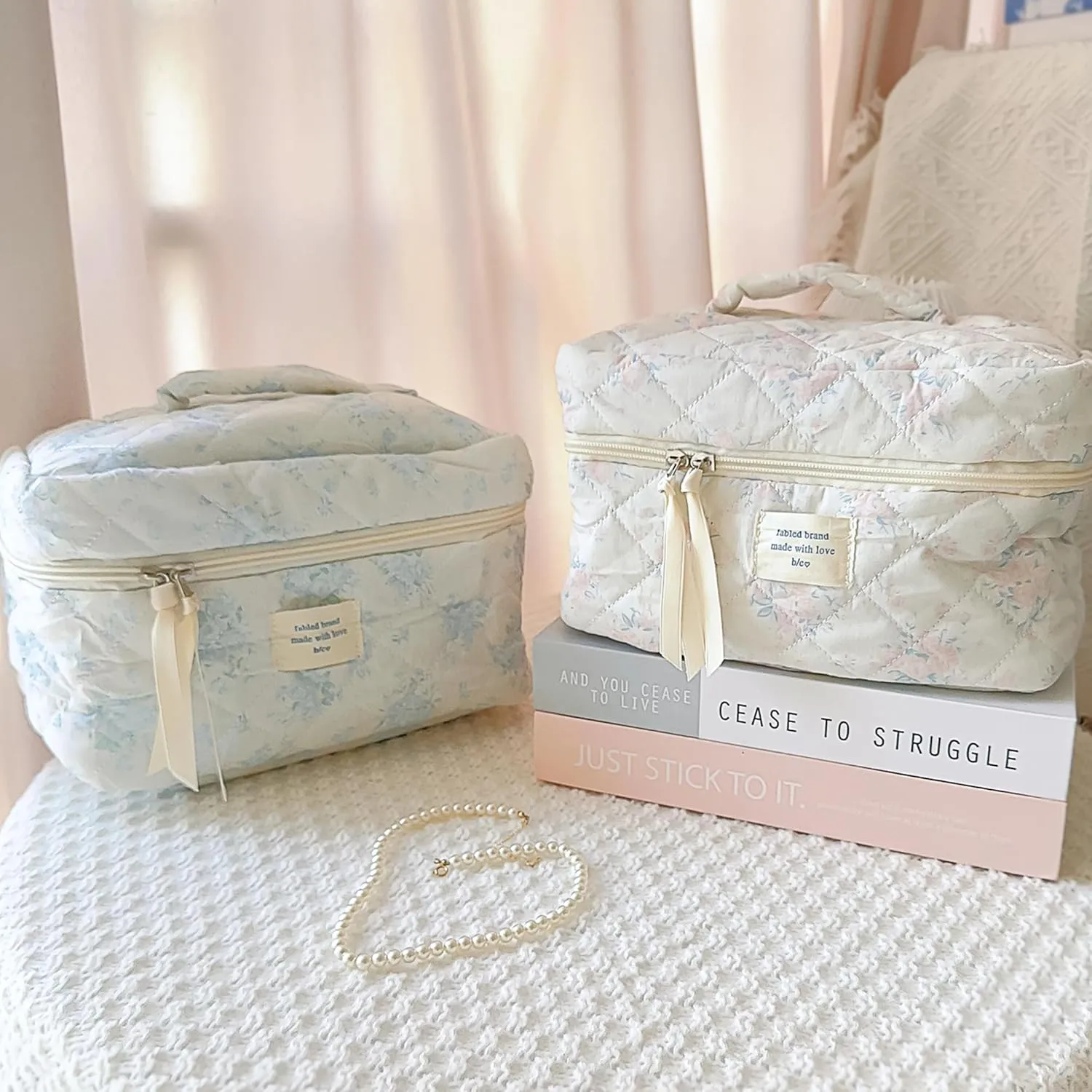 Makeup Bag Large Travel Quilted Cosmetic Makeup Bag Organizer, Floral Cotton Coquette Aesthetic Toiletry Bag for Women Girls (Pink Romantic Rose-L)