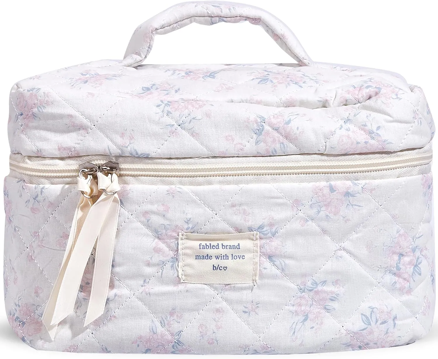 Makeup Bag Large Travel Quilted Cosmetic Makeup Bag Organizer, Floral Cotton Coquette Aesthetic Toiletry Bag for Women Girls (Pink Romantic Rose-L)