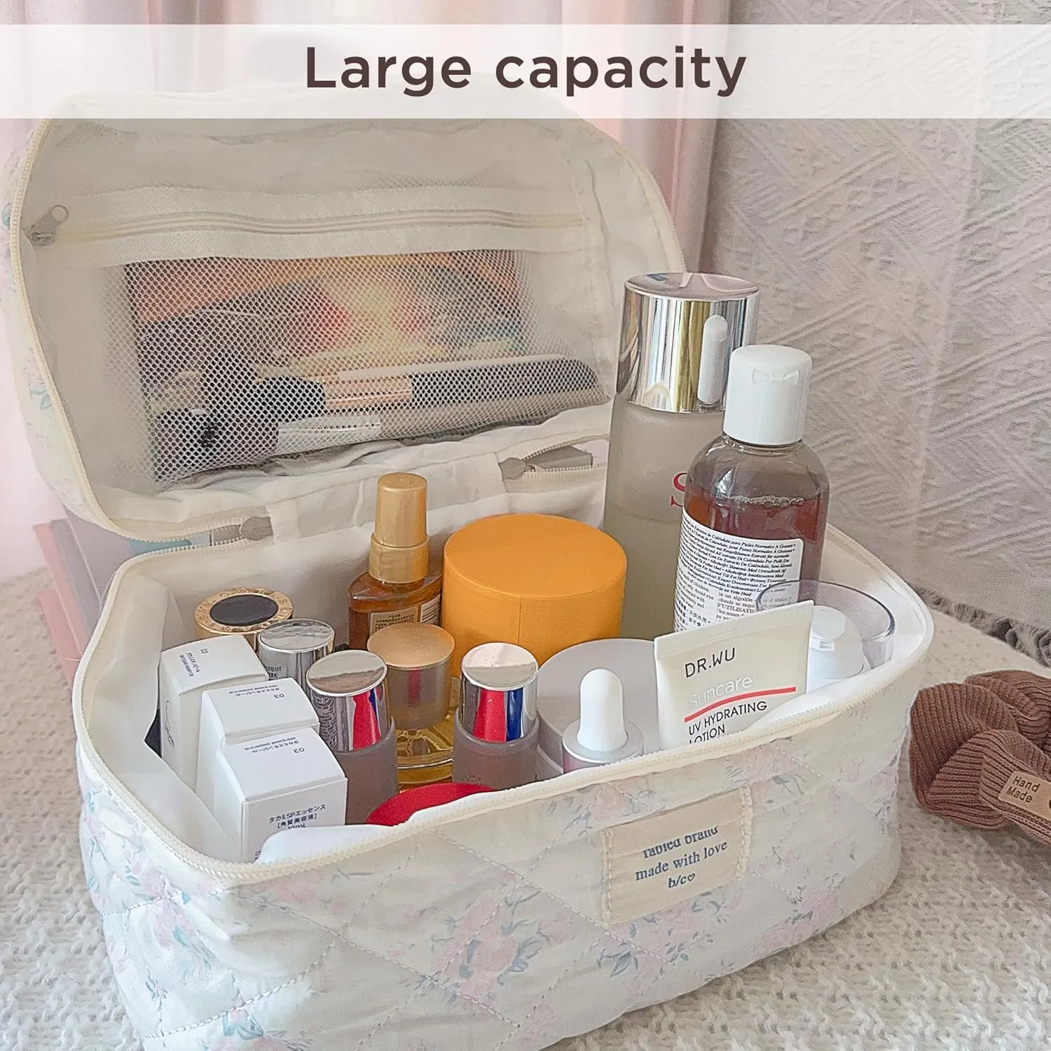 Makeup Bag Large Travel Quilted Cosmetic Makeup Bag Organizer, Floral Cotton Coquette Aesthetic Toiletry Bag for Women Girls (Pink Romantic Rose-L)