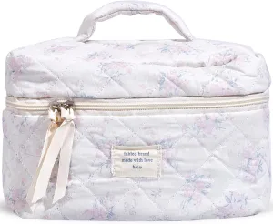 Makeup Bag Large Travel Quilted Cosmetic Makeup Bag Organizer, Floral Cotton Coquette Aesthetic Toiletry Bag for Women Girls (Pink Romantic Rose-L)