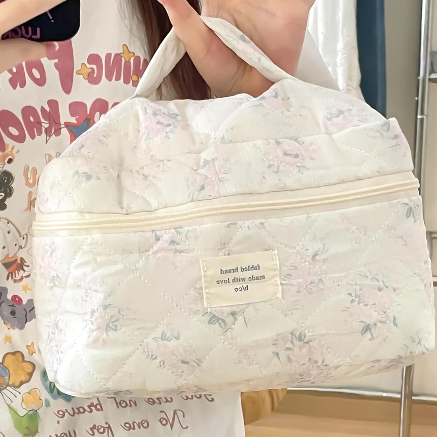Makeup Bag Large Travel Quilted Cosmetic Makeup Bag Organizer, Floral Cotton Coquette Aesthetic Toiletry Bag for Women Girls (Pink Romantic Rose-L)