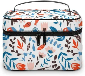 Makeup Bag Organizer Cosmetic Bag, Flower Blossom Botany Floral Makeup Bag Portable Synthetic Leather Makeup Travel Case Pouch Toiletry Bag with Handle for Women