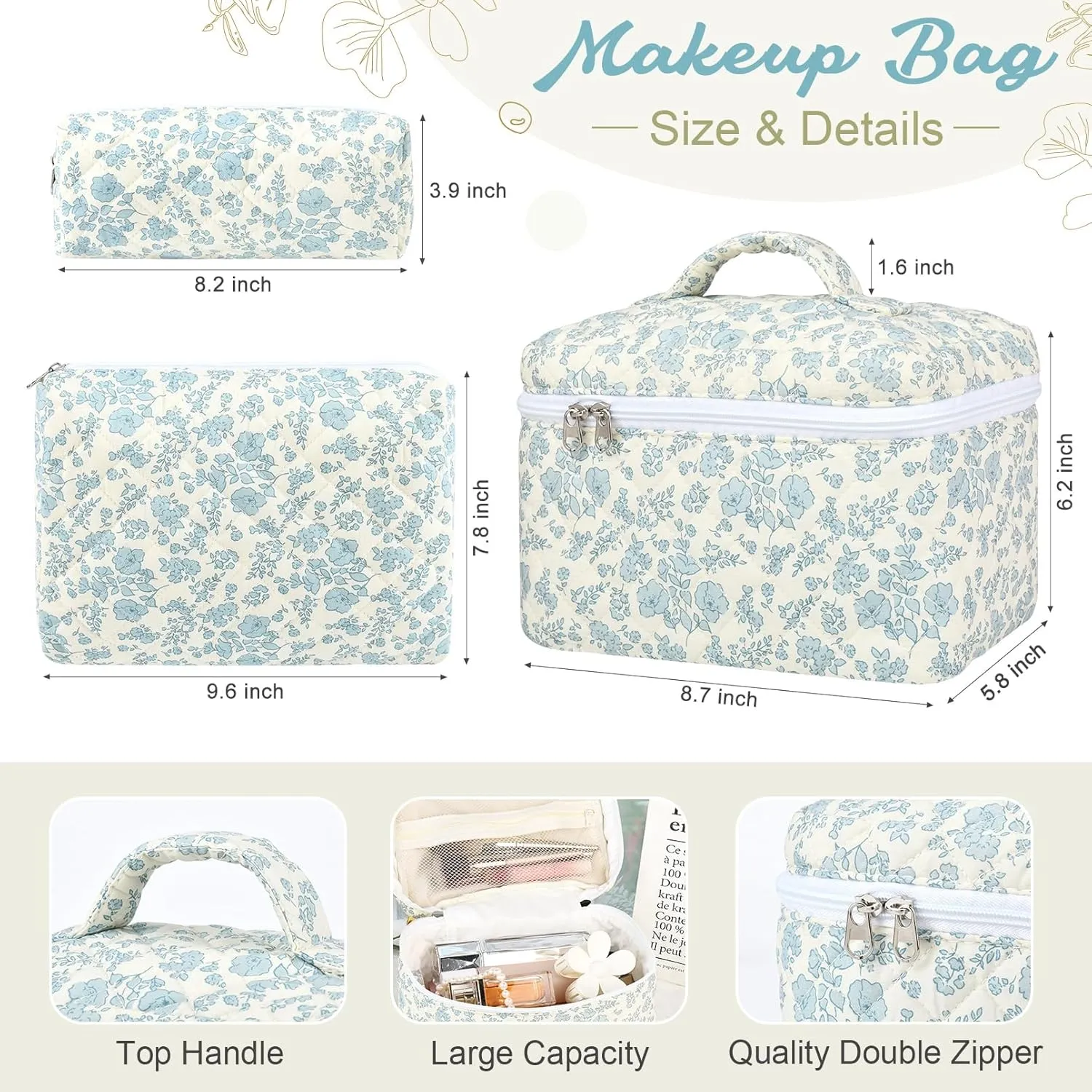 Makeup Bag Quilted Makeup Bags Set Cute Large Cosmetic Bag for Women Girls Floral Coquette Aesthetic Toiletry Bag Travel Make Up Organizer Skincare Bag