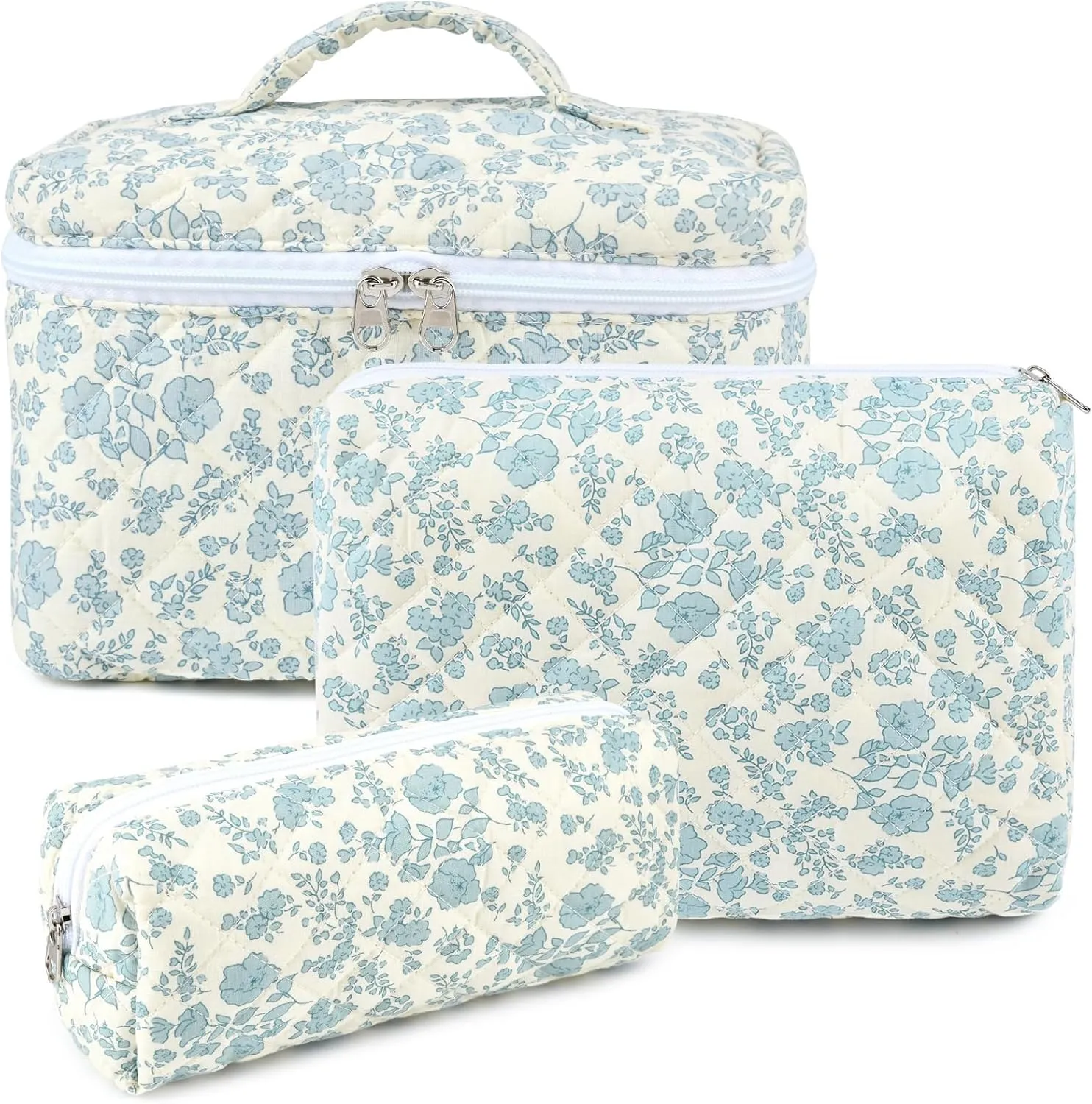 Makeup Bag Quilted Makeup Bags Set Cute Large Cosmetic Bag for Women Girls Floral Coquette Aesthetic Toiletry Bag Travel Make Up Organizer Skincare Bag