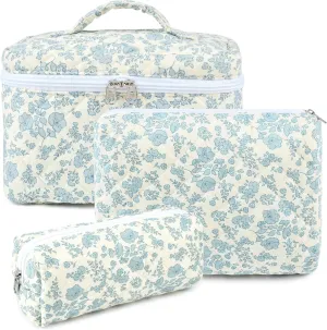 Makeup Bag Quilted Makeup Bags Set Cute Large Cosmetic Bag for Women Girls Floral Coquette Aesthetic Toiletry Bag Travel Make Up Organizer Skincare Bag