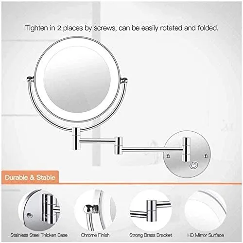 Makeup Mirror Round Cosmetic Vanity Mirror, 20 cm LED Light, Touch Button, Dimmable Daylight, 360 Rotation, Used in Bathrooms, Hotels Shaving in Bedroom or Bathroom