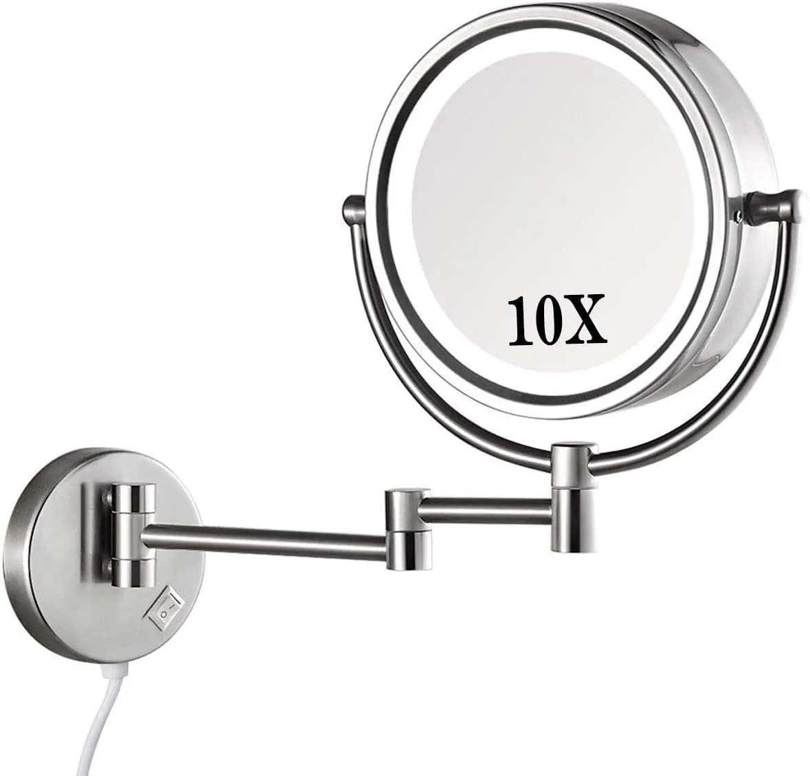 Makeup Mirror Wall Mounted, 10x Magnification Makeup Mirror with Led Lights, 8 Inch Round Make Up Mirror, 360° Swivel Two-Sided, Ideal for Applying Ma