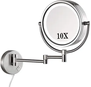 Makeup Mirror Wall Mounted, 10x Magnification Makeup Mirror with Led Lights, 8 Inch Round Make Up Mirror, 360° Swivel Two-Sided, Ideal for Applying Ma