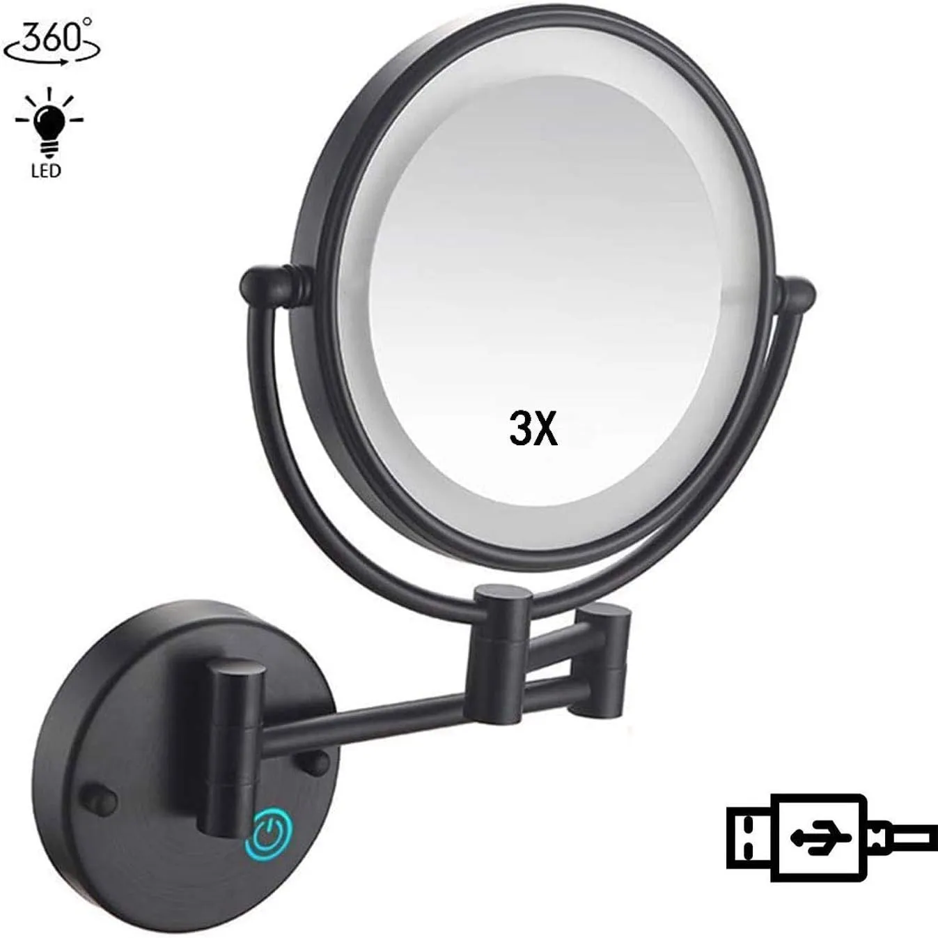 Makeup Mirror Wall Mounted Round Make Up Mirror with 3X Magnifying Mirror 360 Rotation USB Rechargeable for Makeup(Matte Black)