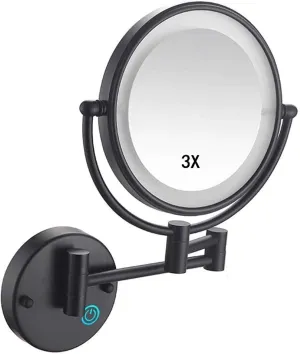 Makeup Mirror Wall Mounted Round Make Up Mirror with 3X Magnifying Mirror 360 Rotation USB Rechargeable for Makeup(Matte Black)