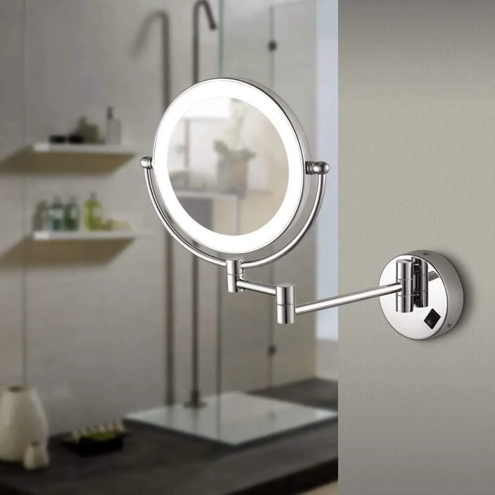 Makeup Mirror Wall Mounted with Lights and Magnification, 8 Inch Double Sided Swivel Vanity Mirror, Stainless Steel - Shaving in Bedroom or Bathroom