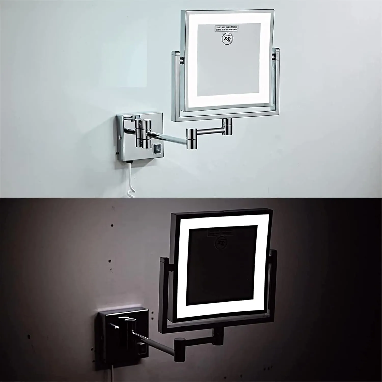 Makeup Mirror with Lights, Square LED Wall Mounted Double Sided 1X/3X Magnifying Mirror 360 Rotation Extension Bathroom Mirror,Brass,USB(Black,Plug in)