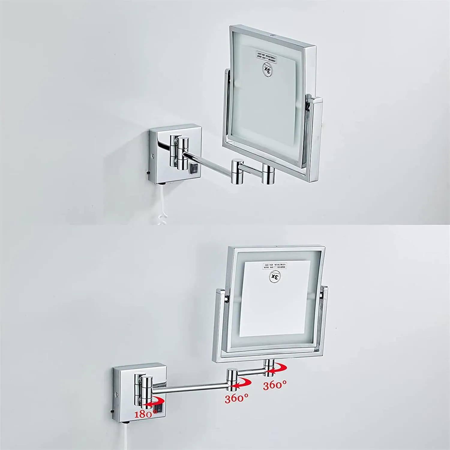 Makeup Mirror with Lights, Square LED Wall Mounted Double Sided 1X/3X Magnifying Mirror 360 Rotation Extension Bathroom Mirror,Brass,USB(Black,Plug in)