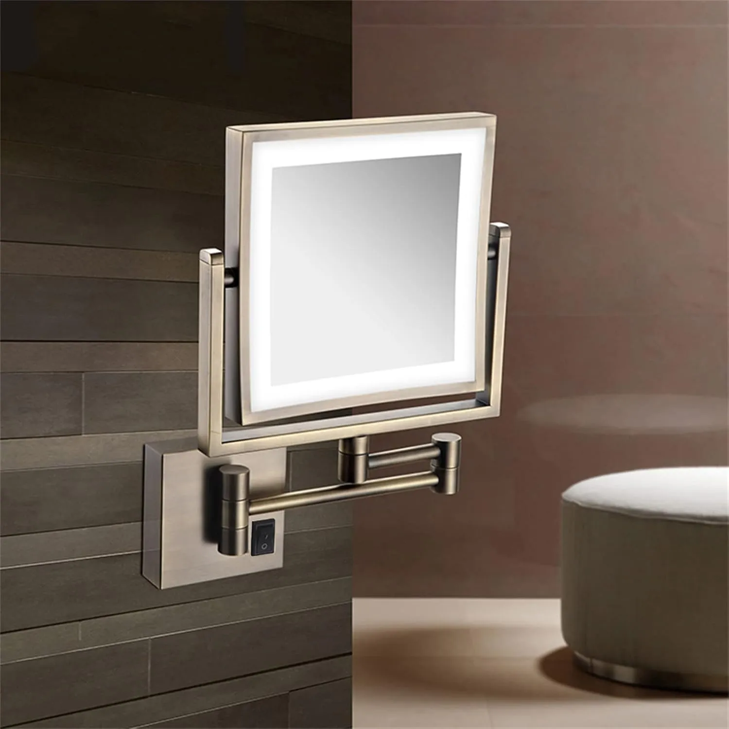 Makeup Mirror with Lights, Square LED Wall Mounted Double Sided 1X/3X Magnifying Mirror 360 Rotation Extension Bathroom Mirror,Brass,USB(Black,Plug in)