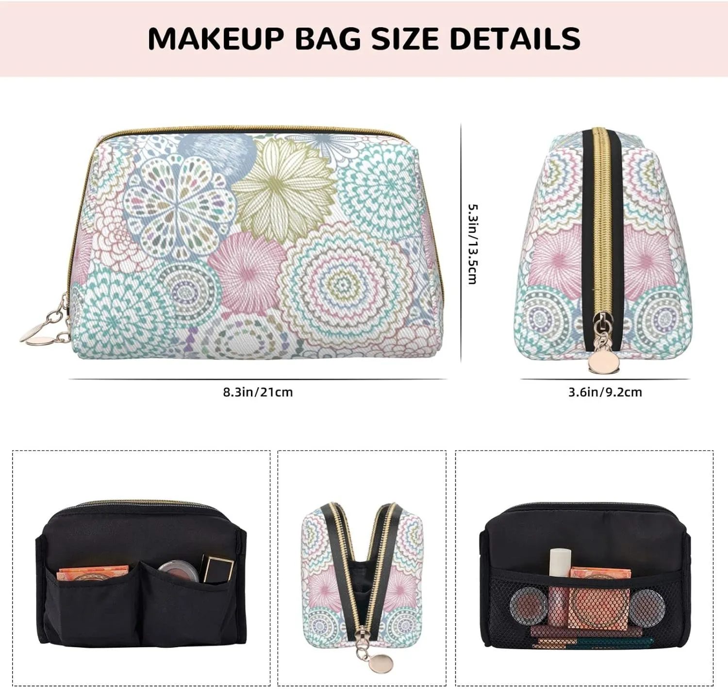 Mandala Floral Boho Large Makeup Bag Travel Leather Cosmetic Organizer Bag for Women Large Capacity Waterproof Toiletries Bag Makeup Pouch for Friend Wife Mother's Gift