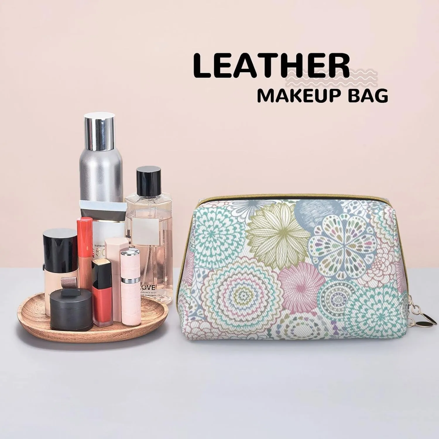 Mandala Floral Boho Large Makeup Bag Travel Leather Cosmetic Organizer Bag for Women Large Capacity Waterproof Toiletries Bag Makeup Pouch for Friend Wife Mother's Gift