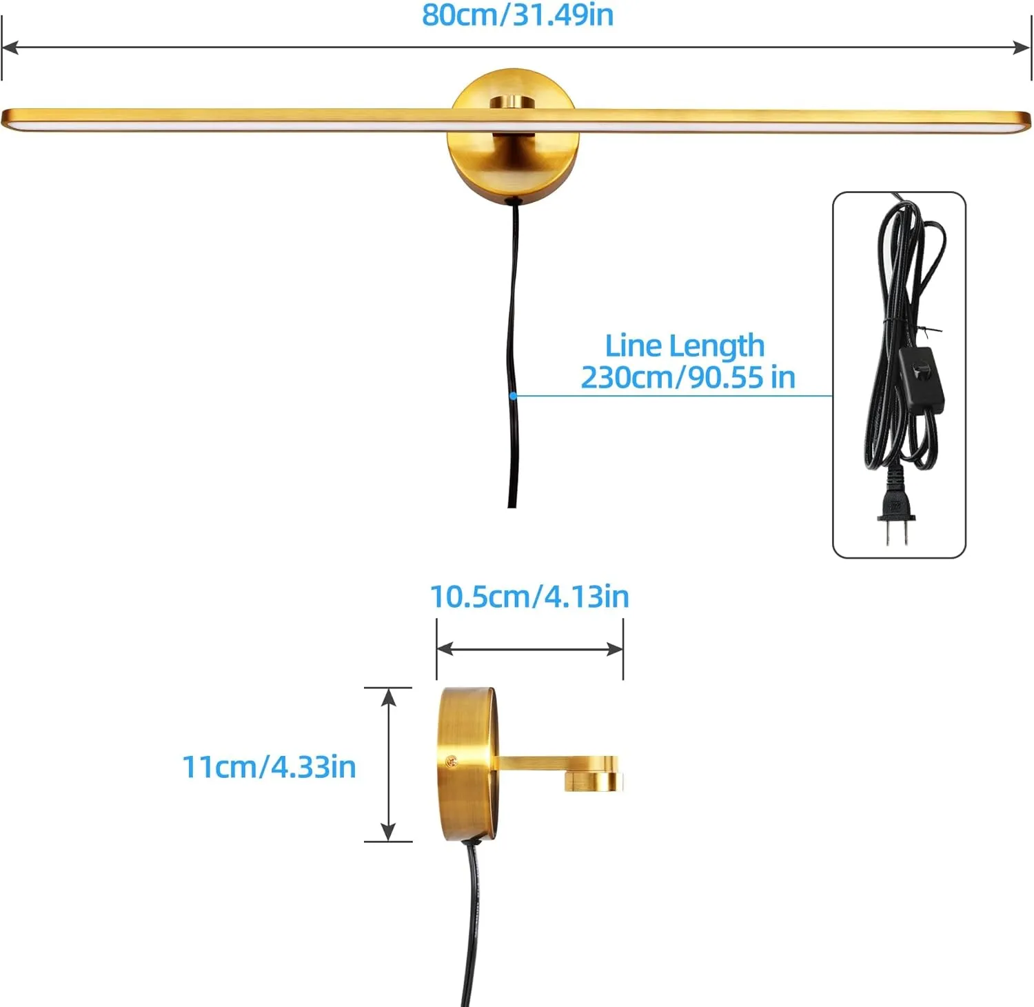 MantoLite 32'' Picture Lights for Wall，Vanity Lights for Bathroom,Plug-in or Hardwired,18W 3000K LED No-Dimmable Modern Bathroom Lighting Fixtures Over Mirror and Wall Lights for Bedroom(Brass)