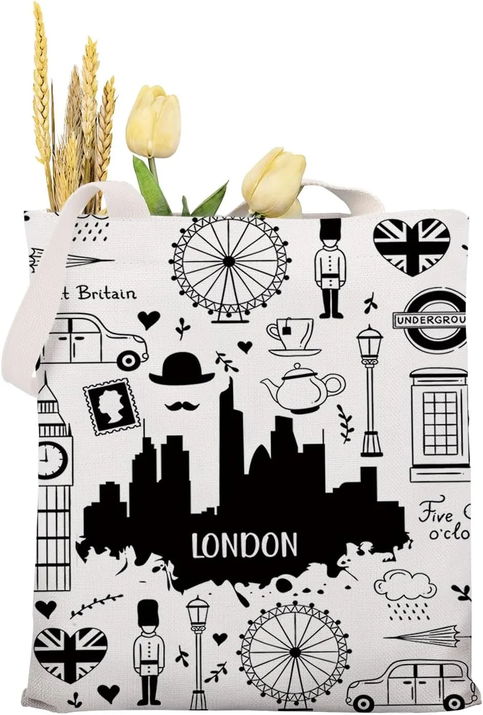 MAOFAED London Gift London Landmarks Tote Bag London Lover Gift Canvas Tote Bag For Office Shopping Travel
