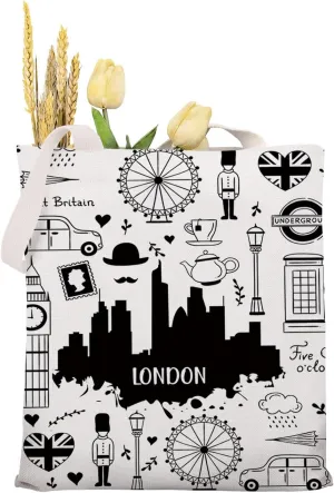 MAOFAED London Gift London Landmarks Tote Bag London Lover Gift Canvas Tote Bag For Office Shopping Travel
