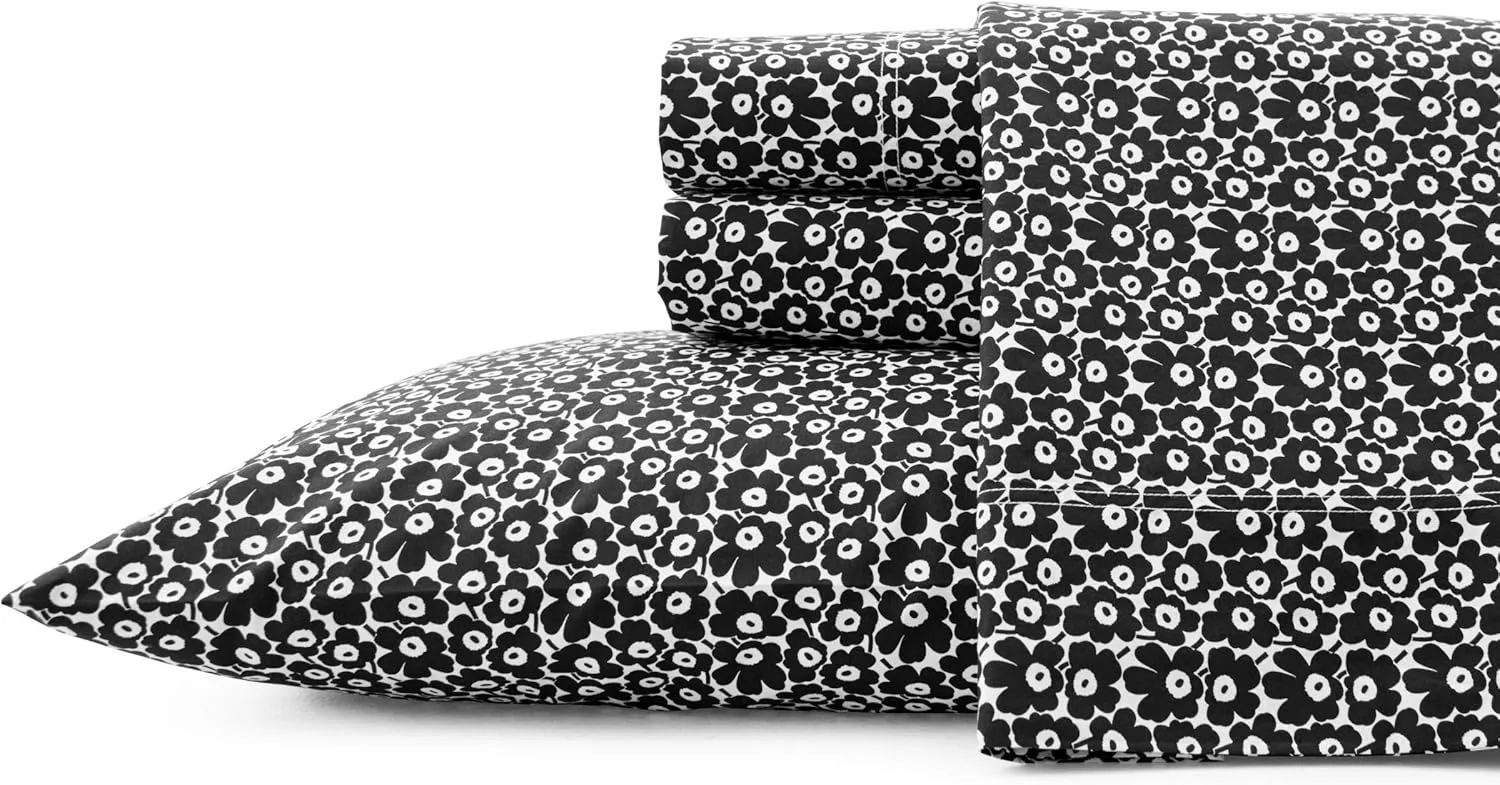 MARIMEKKO - Queen Sheets, Cotton Percale Bedding Set, Crisp & Cool Home Decor (Pikkuinen Unikko Black, Queen)