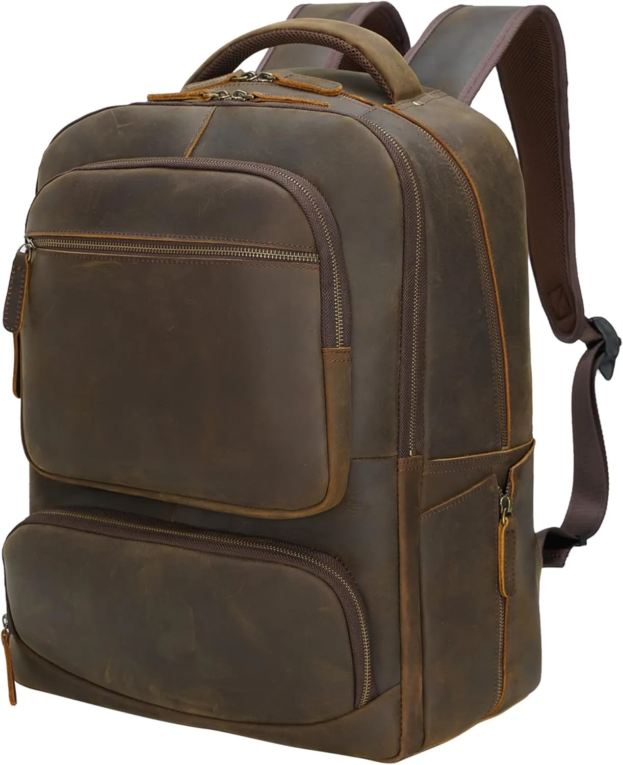 Masa Kawa Large Leather 17.3" Laptop Travel Backpack for Men Business Trip Bag Vintage Brown Camping Overnight Weekender Daypack Rucksack