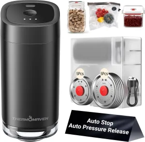 Mason Jar Vacuum Sealer Kit with 10 Pcs Patented Reusable Lids, 4-in-1 Automatic Vacuum Sealer for Canning Jars, Vacuum Bag, Container, Wine Stopper, One-Handed, Auto-stop, Black