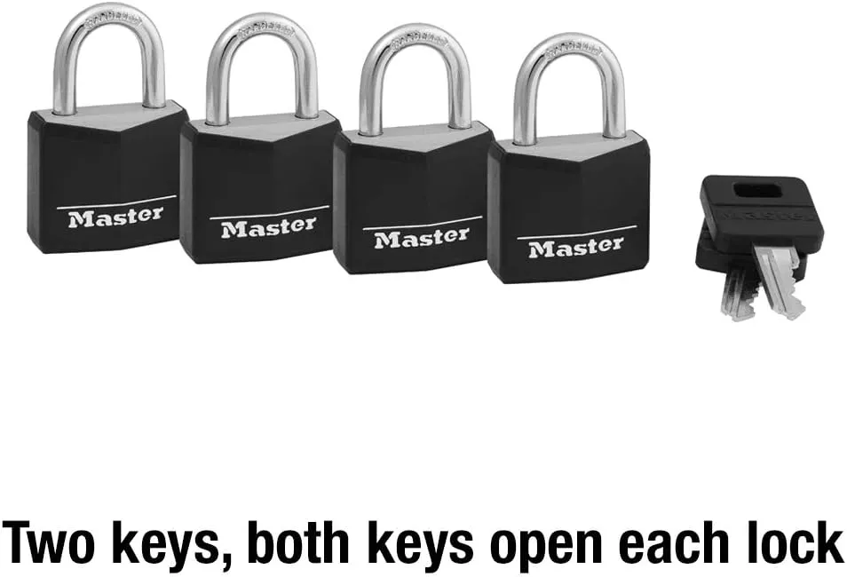 Master Lock Black Outdoor Key Lock, Standard Weather Resistant Padlock with Cover, Keyed Alike Padlocks for Lockers, Fences, Sheds, or Other Equipment, 4 Pack, 131Q